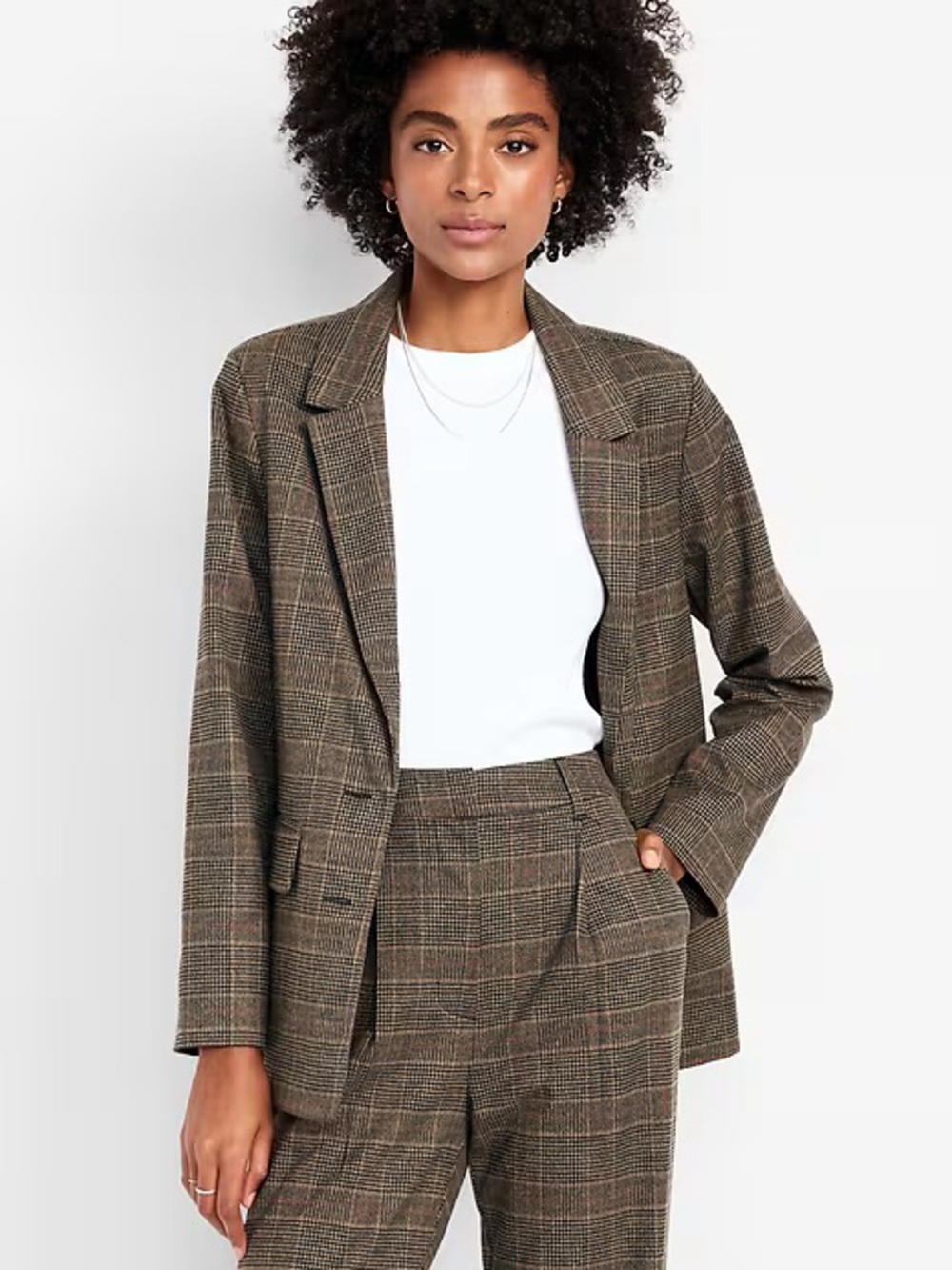 Old Navy Womens Relaxed Twill Blazer Size L Brown Plaid Long Sleeve Pockets NWT